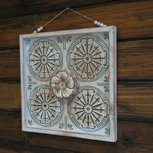 Decorative Floral Wall Tile Panel in White, Teal & Brown Handmade